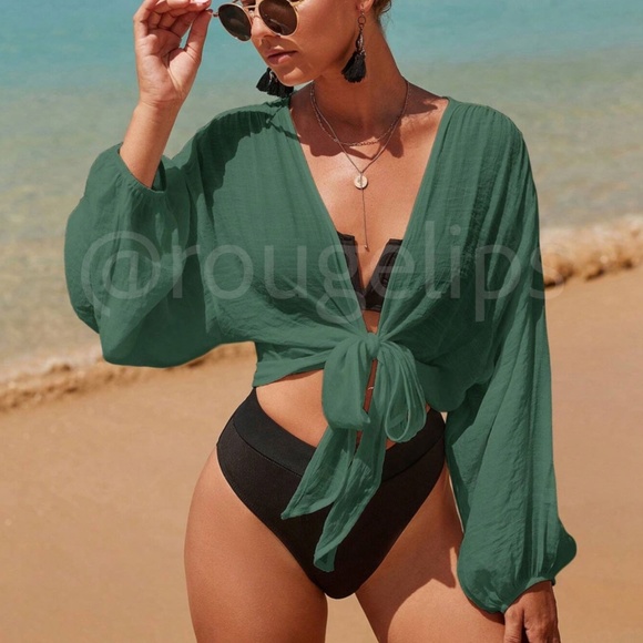 Beach Swim Cover Up Top Green Crop Shirt Tie Front Bishop Long Sleeve Deep V - Picture 1 of 9